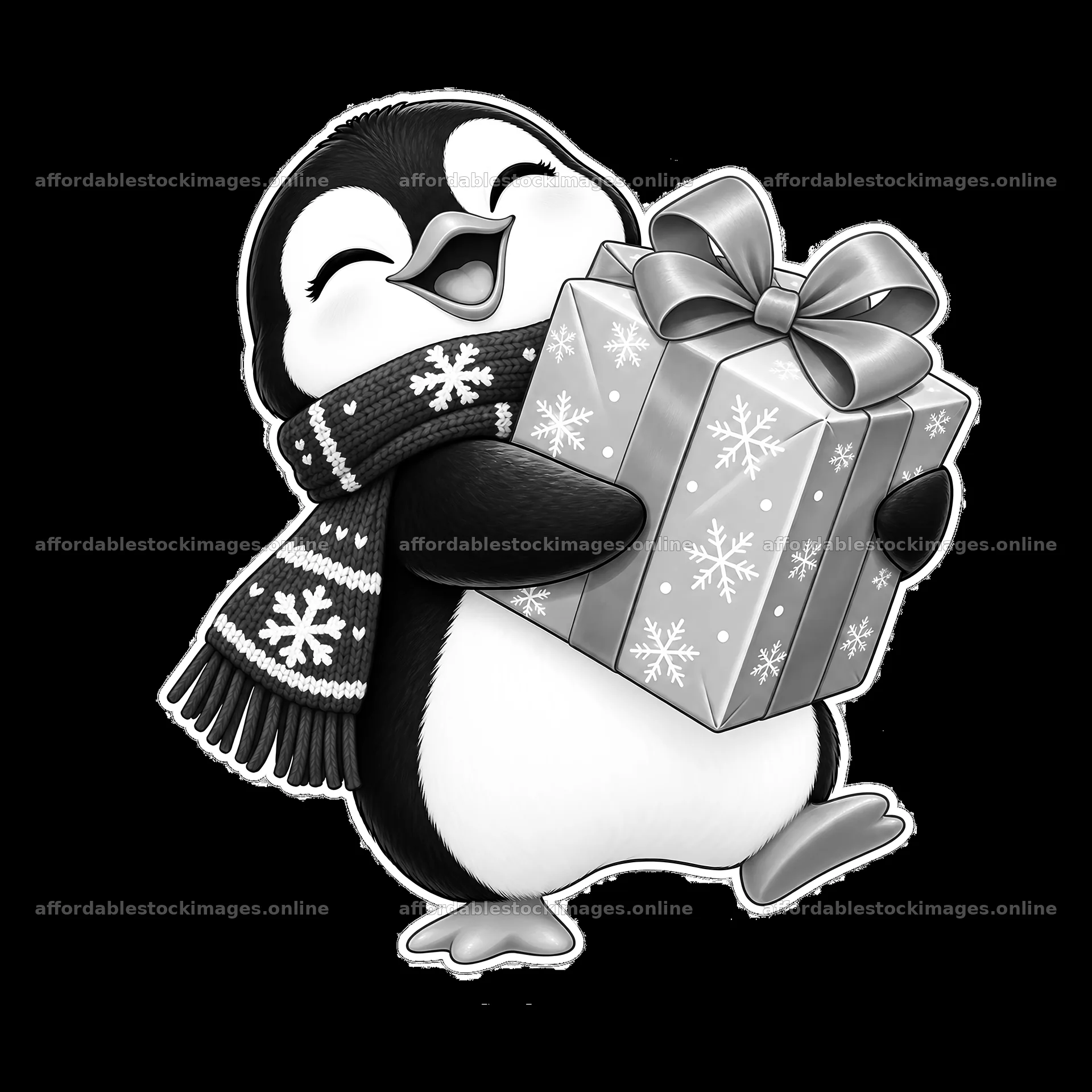 Penguin holding a Christmas present with a bow and scarf – stock images 7746x7746