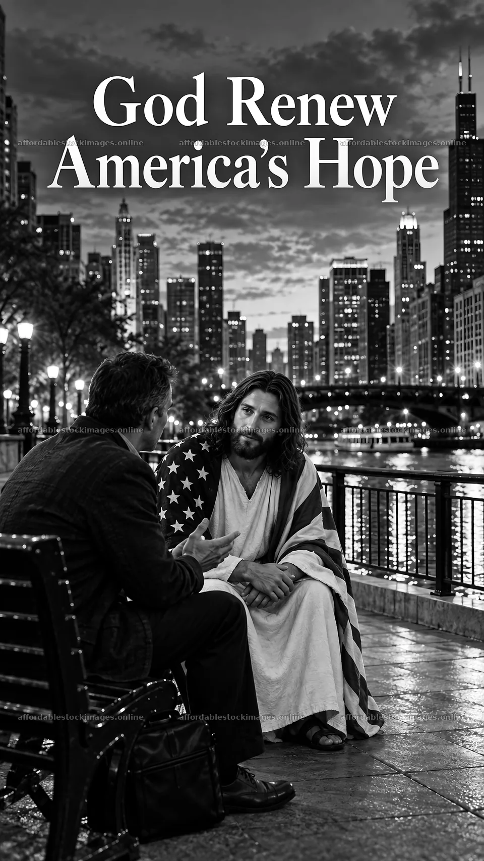 Jesus Christ comforts a man in a city at sunset – stock images 5811x10326