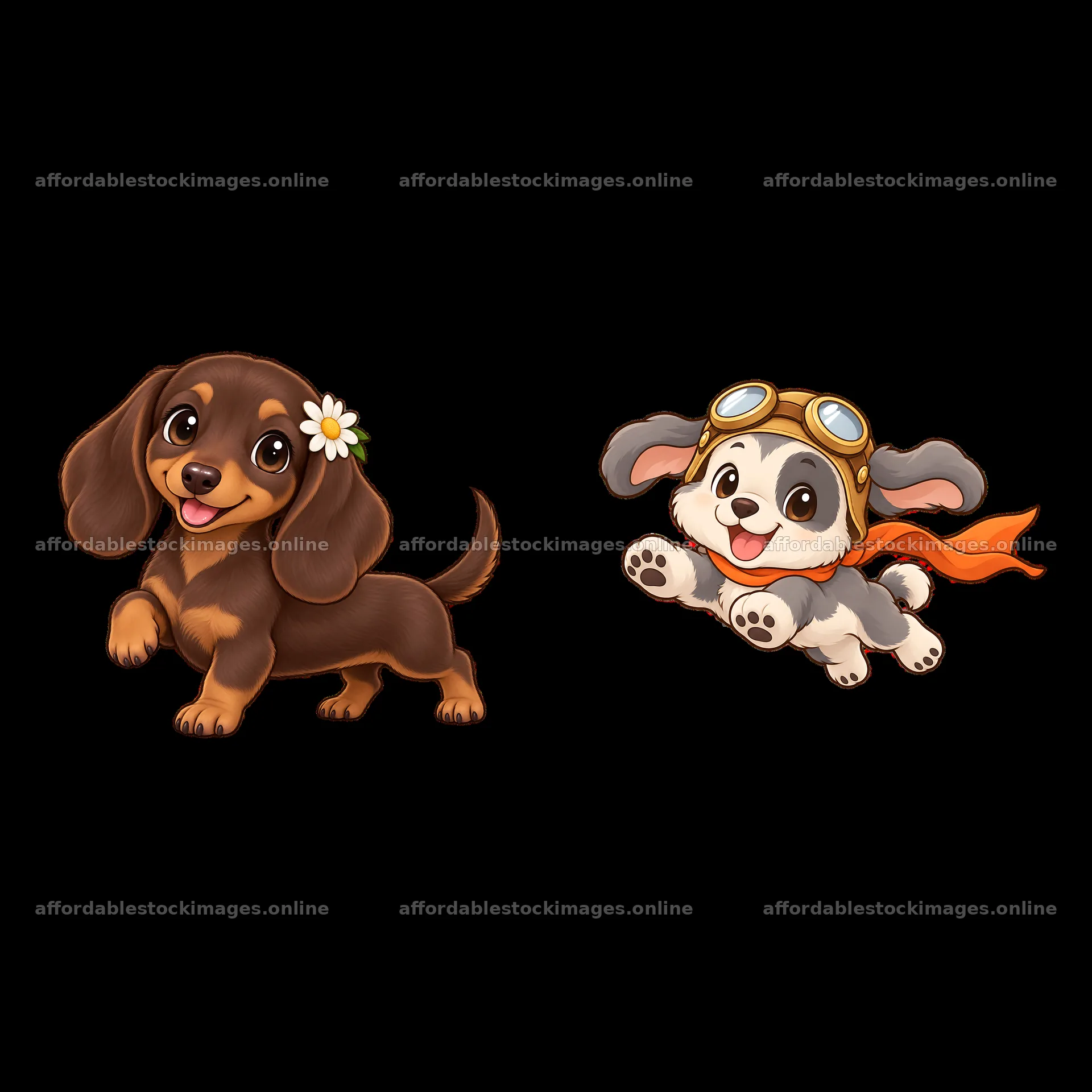 Cute dog duo with flower and aviator goggles in sticker style – stock images 7746x7746