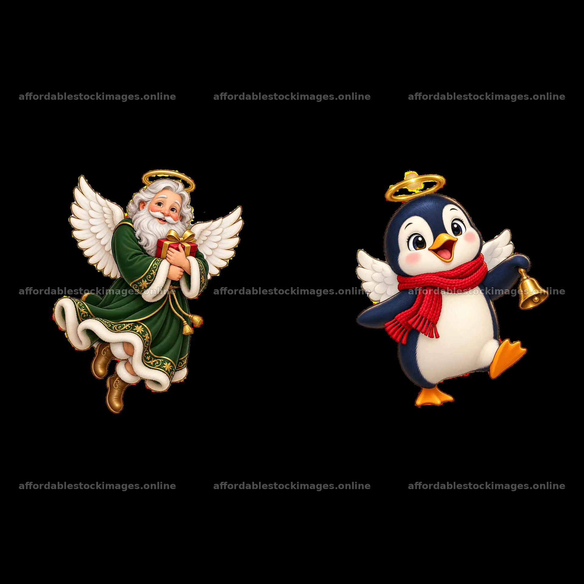 Christmas angel with penguin holding a bell – stock images 7746x7746