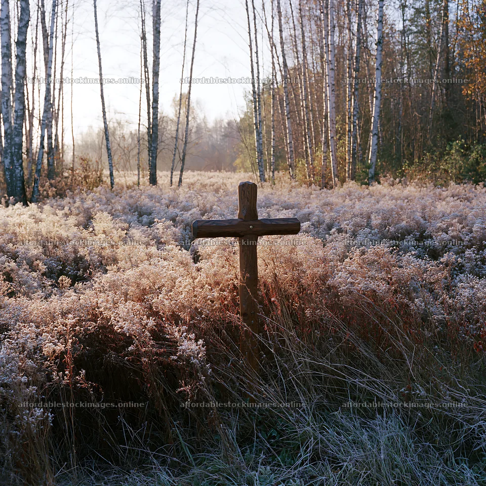 Carved oak cross stands in frozen meadow on a winter morning – stock images 7938x7938