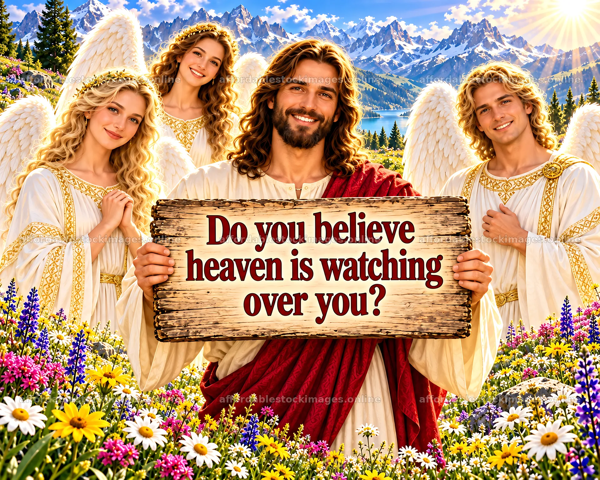 Jesus Christ with angels asking about faith in heaven – stock images 8659x6930