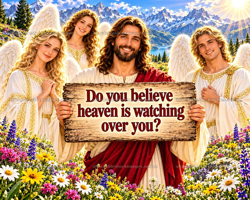 Jesus Christ with angels asking about faith in heaven – stock images 8659x6930