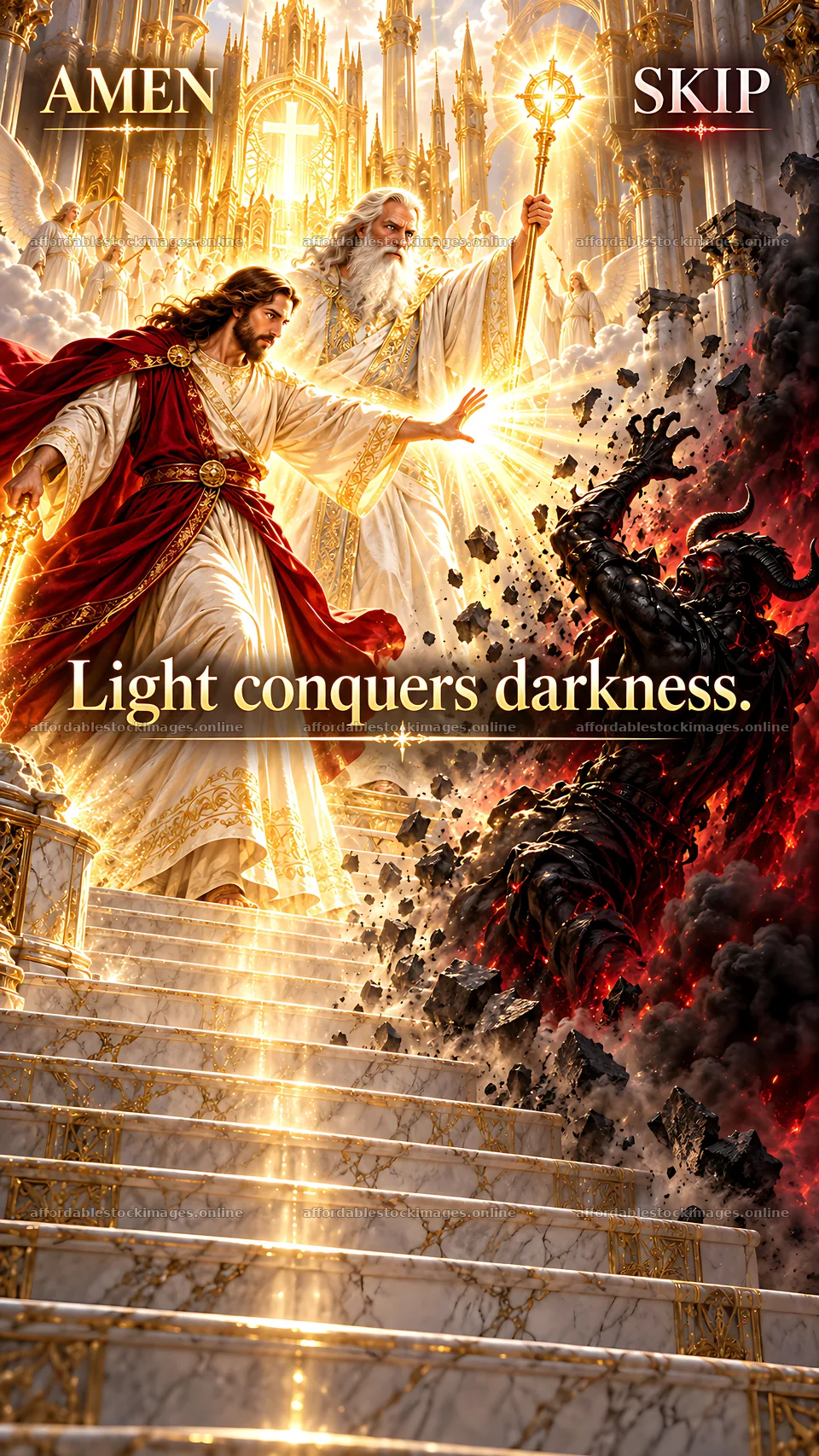 Jesus Christ standing against darkness in a heavenly scene – stock images 5954x10580