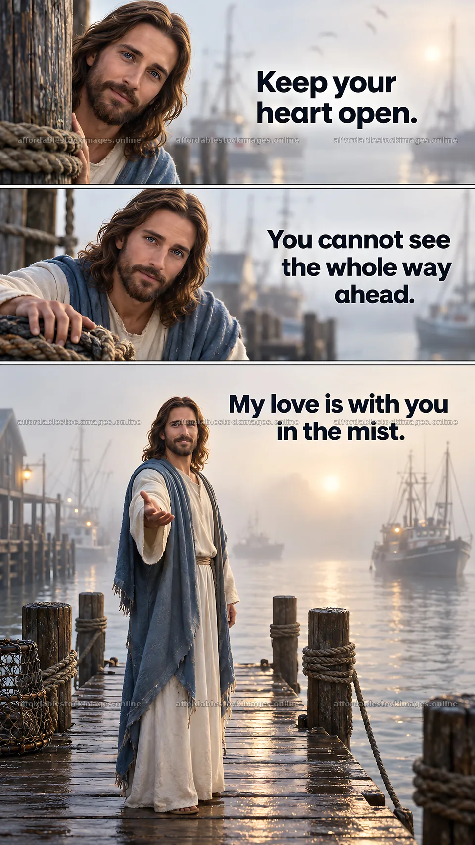 Jesus Christ reaches out in a coastal scene – stock images 5811x10326