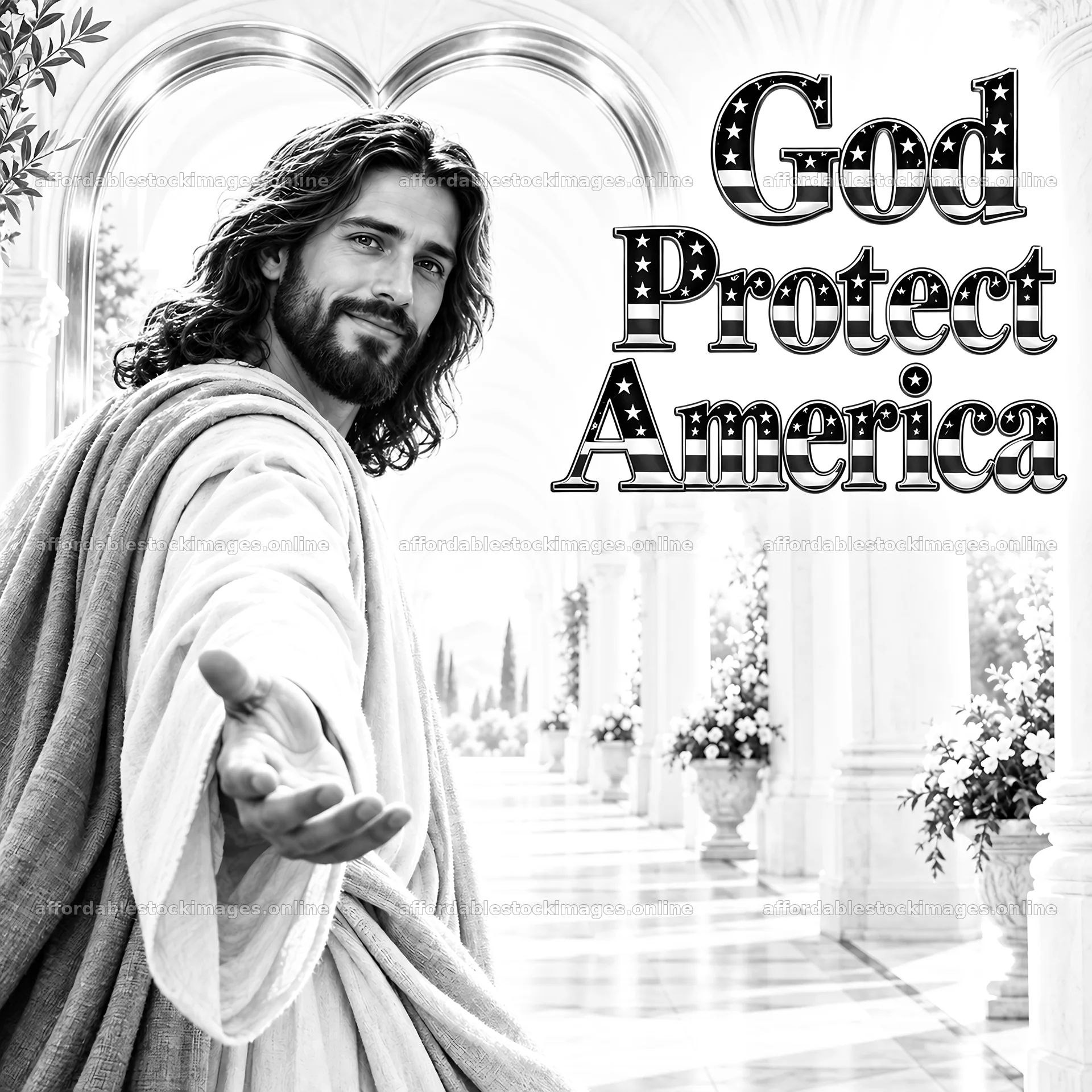 Jesus Christ welcoming with a message to protect America – stock images 7746x7746