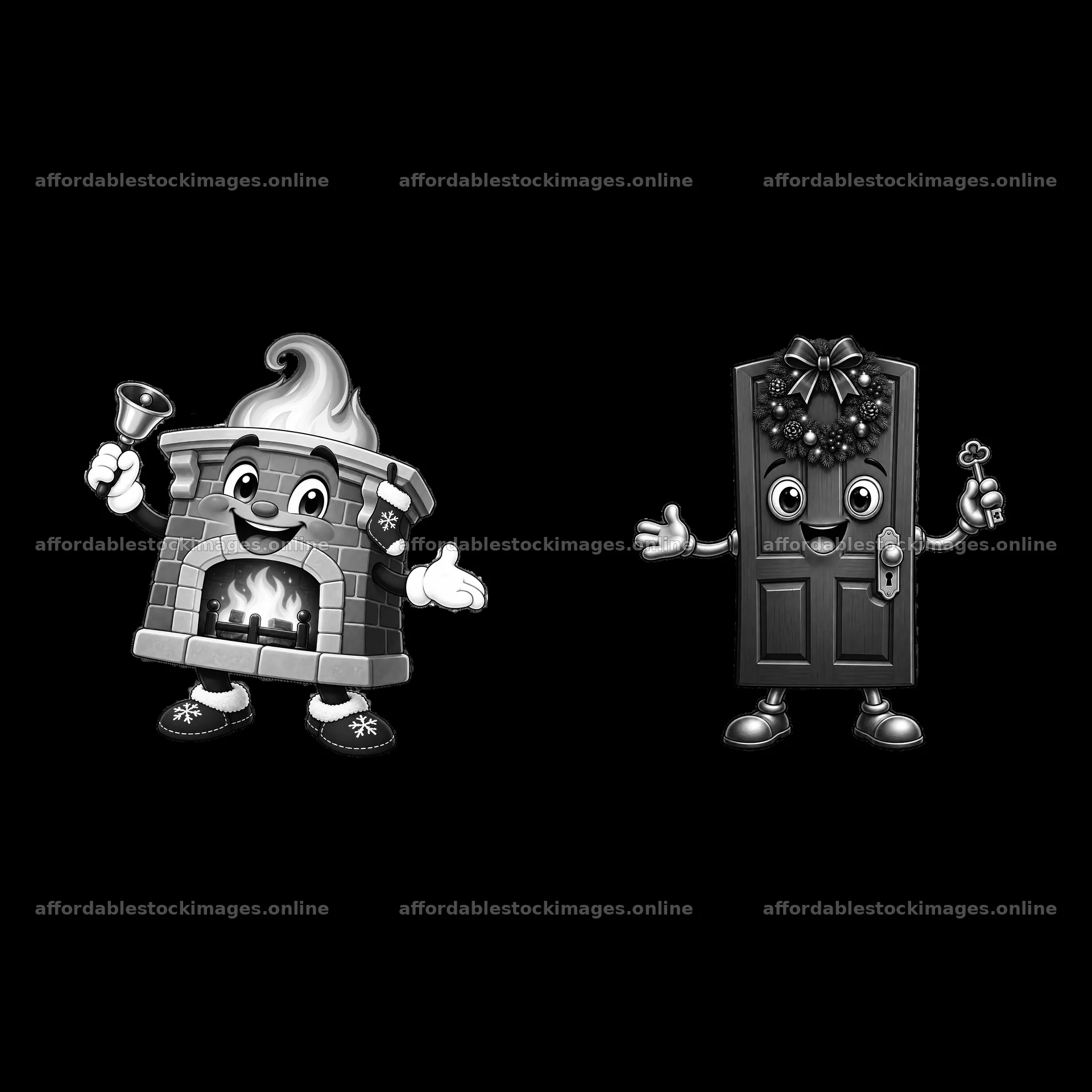 Cartoon fireplace and door characters for Christmas house theme – stock images 7746x7746