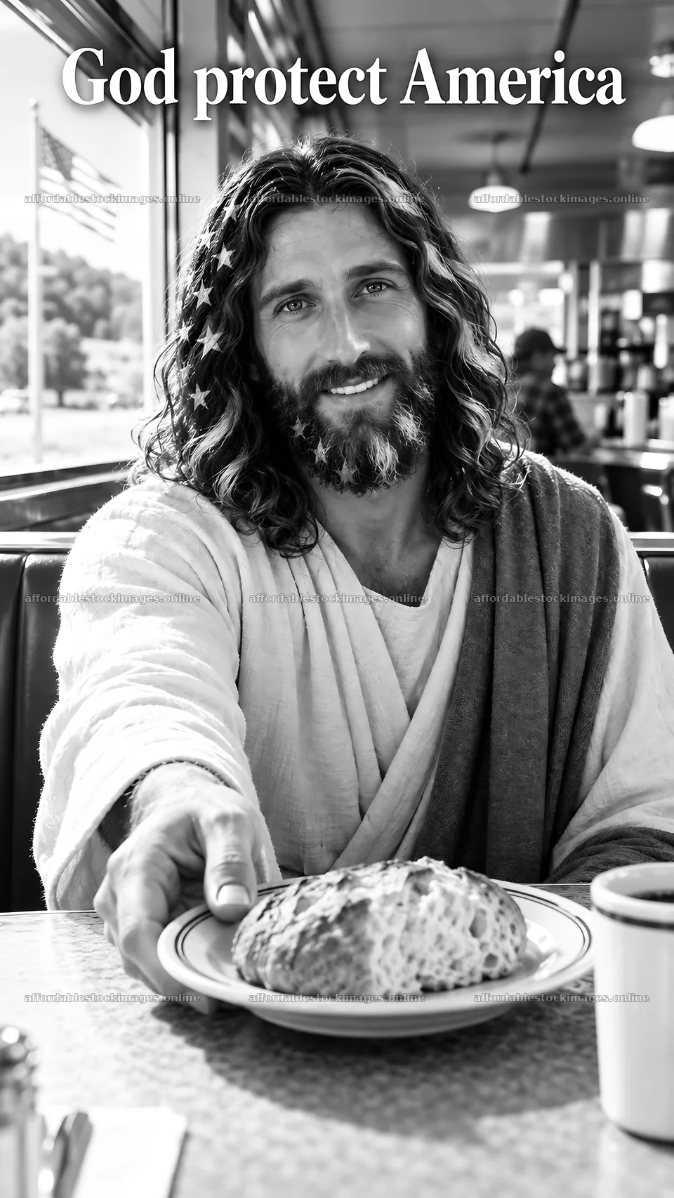 Jesus Christ sharing a meal in a diner setting – stock images 5811x10326