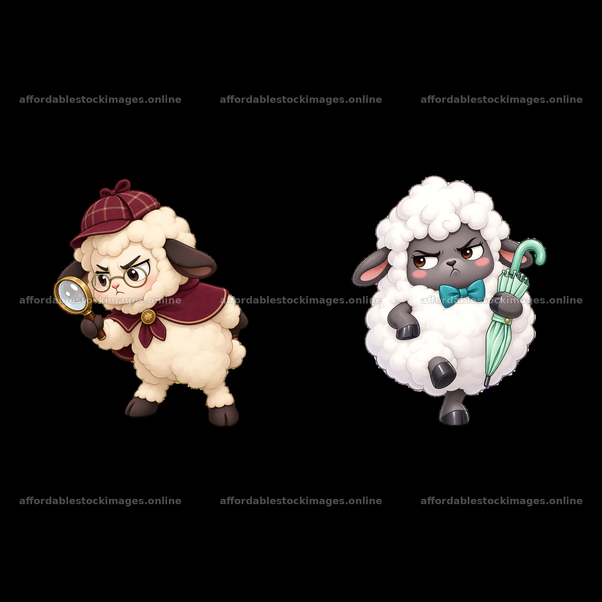 Kawaii grumpy sheep characters with accessories and distinct – stock images 7746x7746
