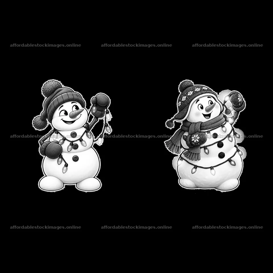 Snowmen holding string lights in black-and-white cartoon style – stock images 7746x7746