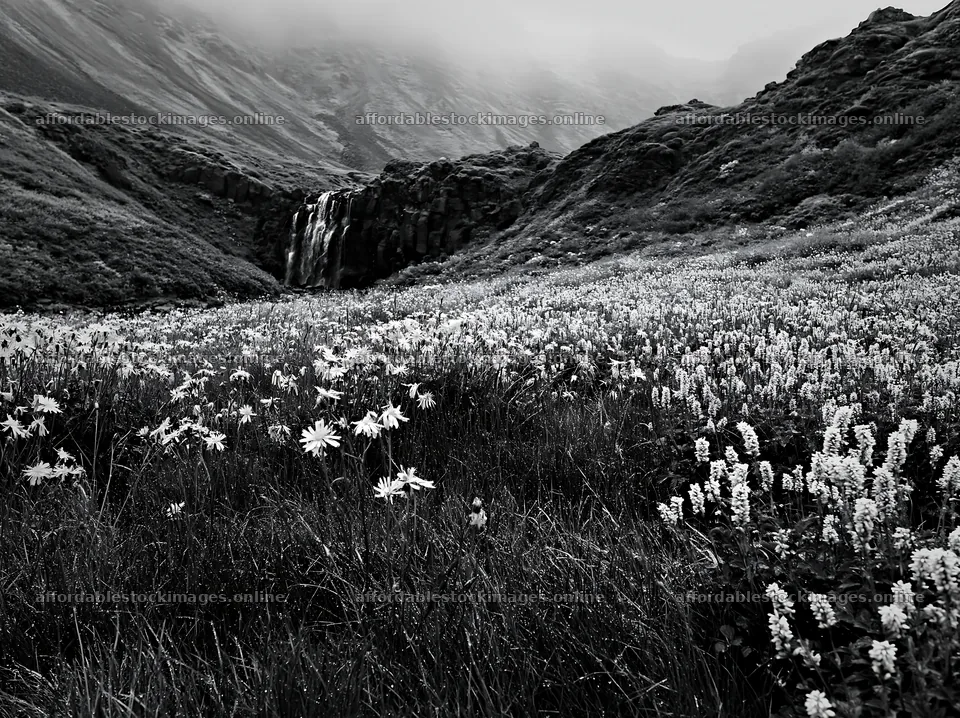 Misty mountain waterfall in a meadow with wildflowers – stock images 9174x6866
