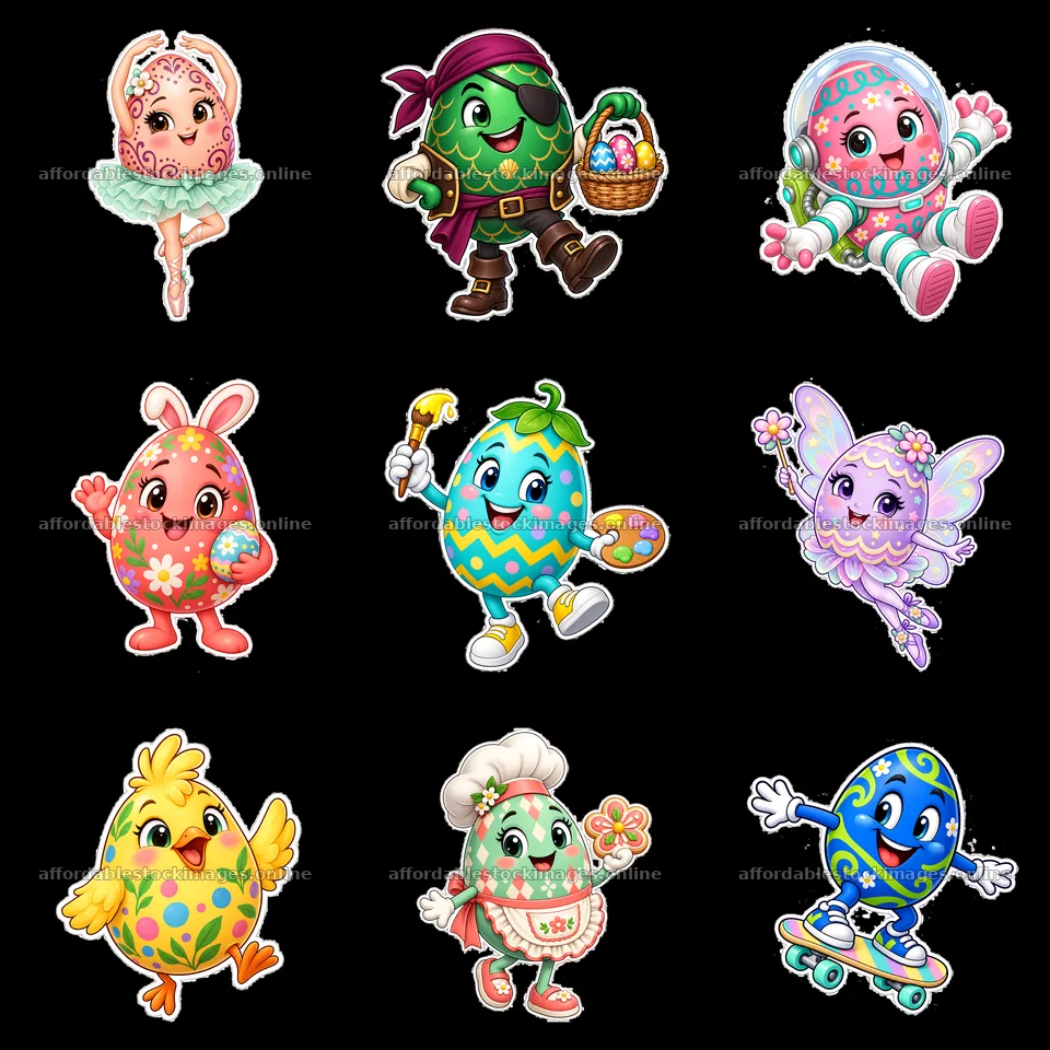 Colorful cartoon Easter egg characters in a 3x3 grid layout – stock images 7746x7746