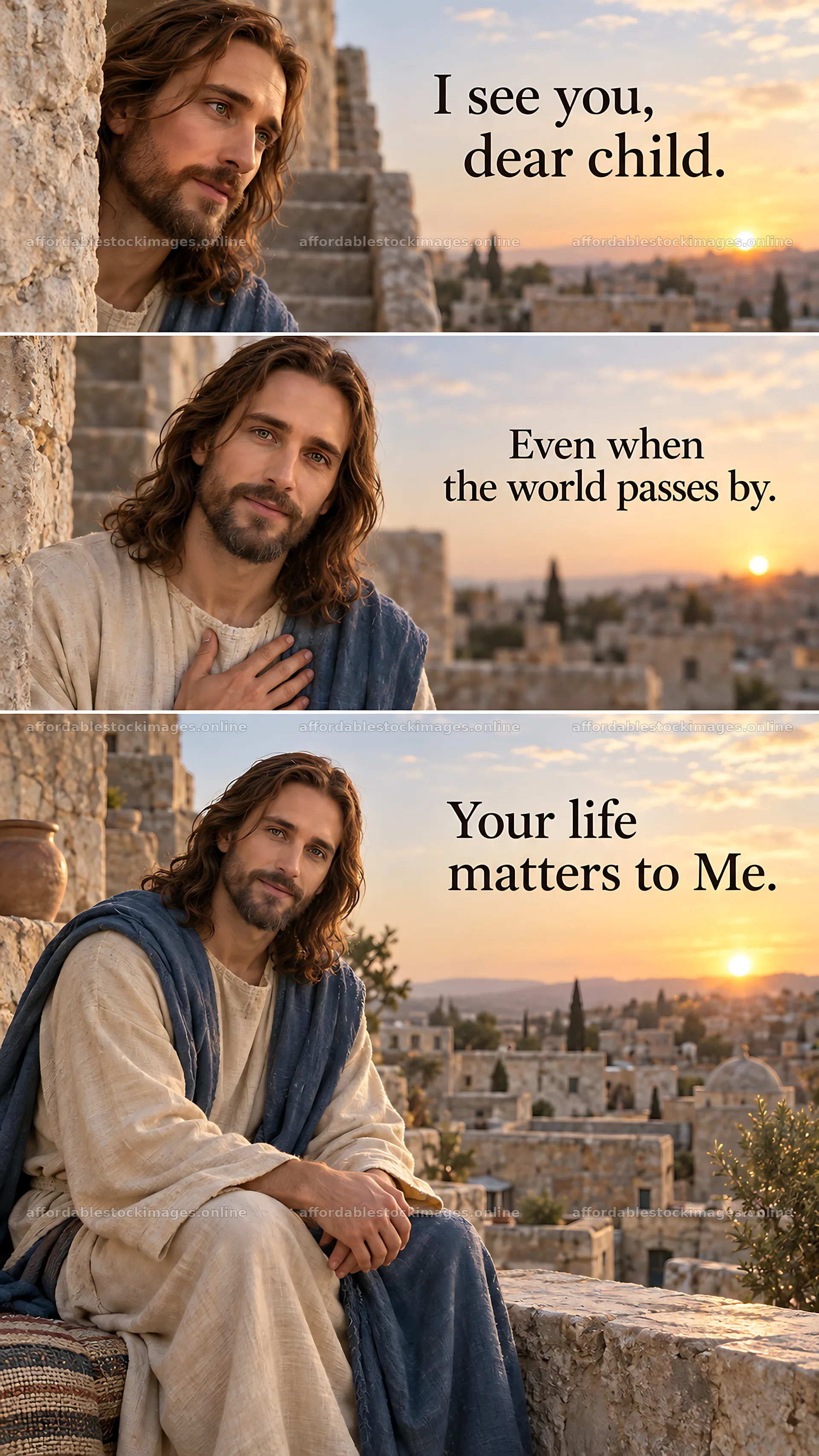Jesus Christ offers comfort and reassurance to a child – stock images 5811x10326