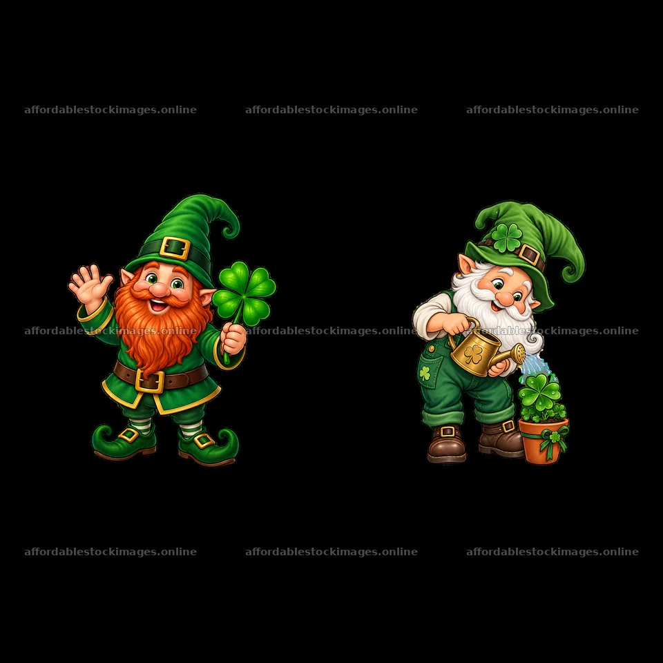 St. Patrick's Day gnomes with shamrocks and potted plants – stock images 7746x7746