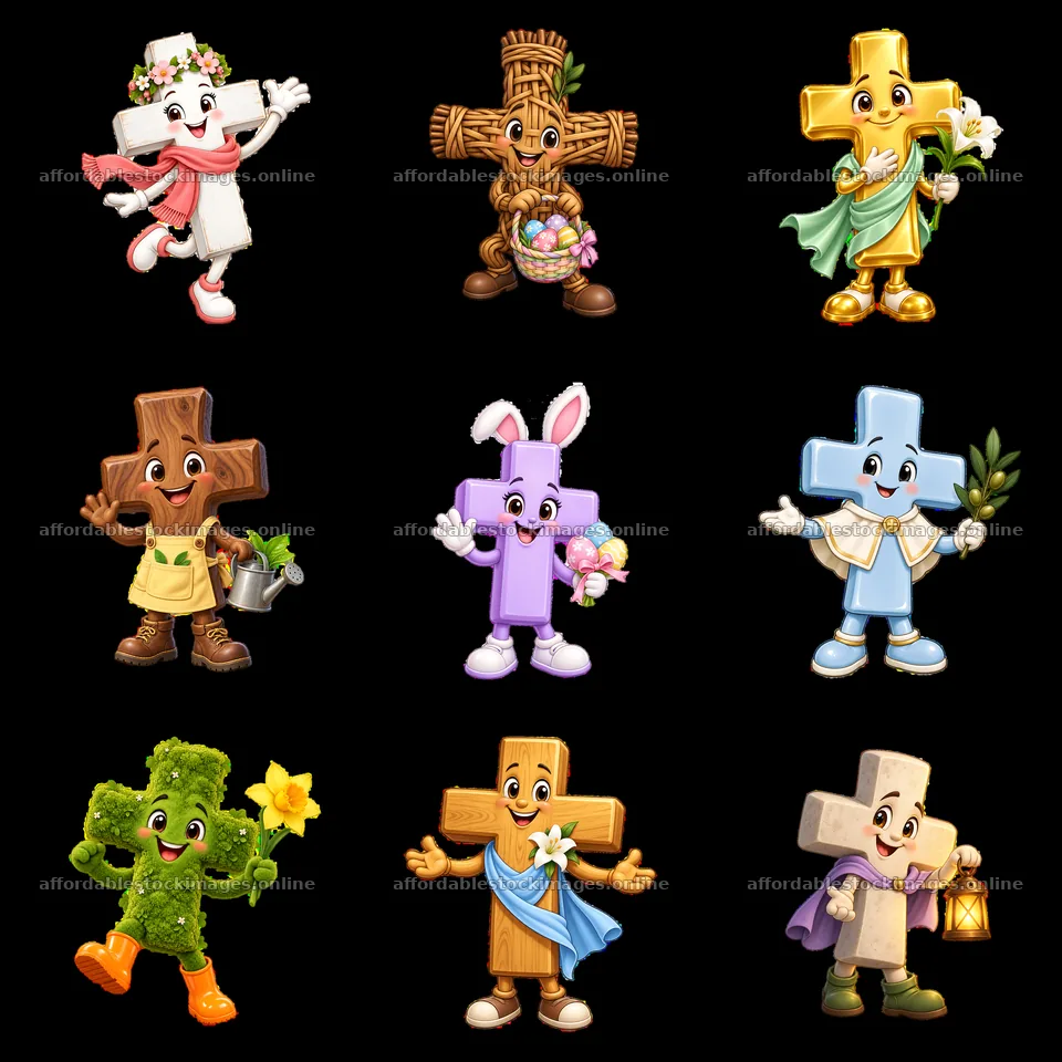 Cute cartoon characters celebrating Easter with colorful crosses – stock images 7746x7746