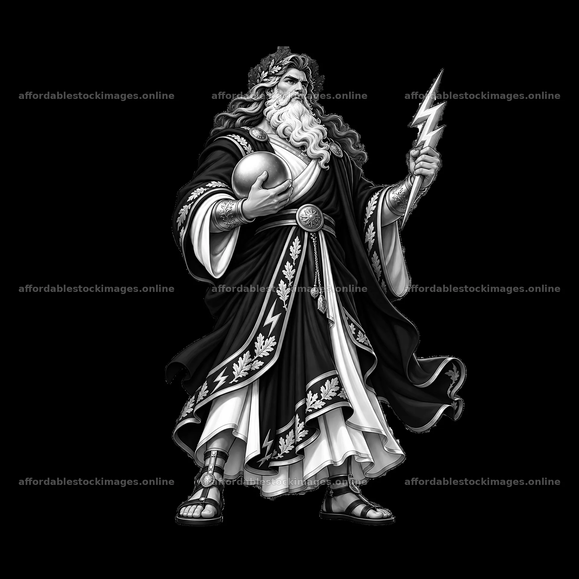 Zeus holding a lightning bolt with a globe in a robe – stock images 7746x7746