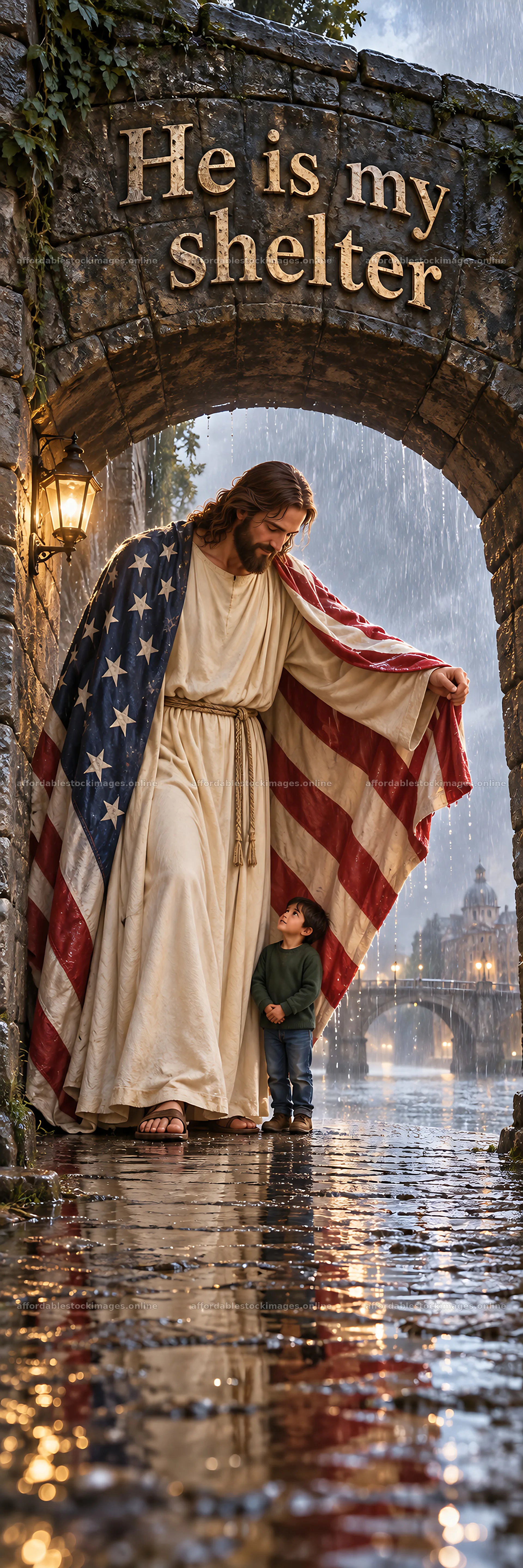 Jesus Christ walking with a child under an American flag – stock images 4472x13417