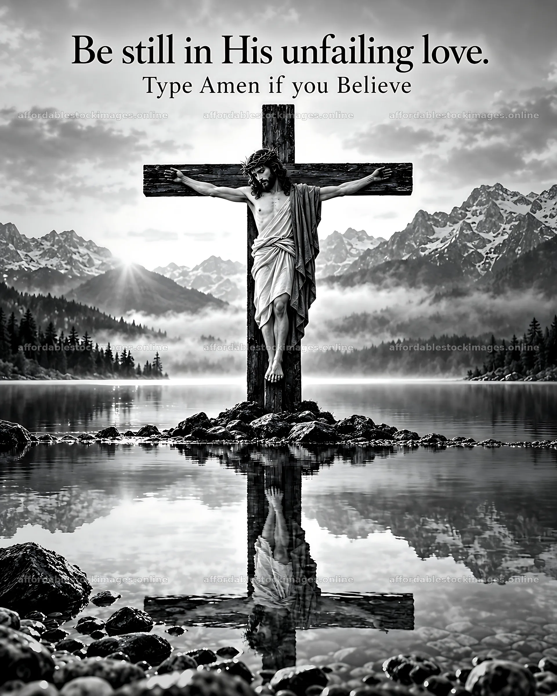 Stillness at the lake with cross reflection and mountains – stock images 7100x8872