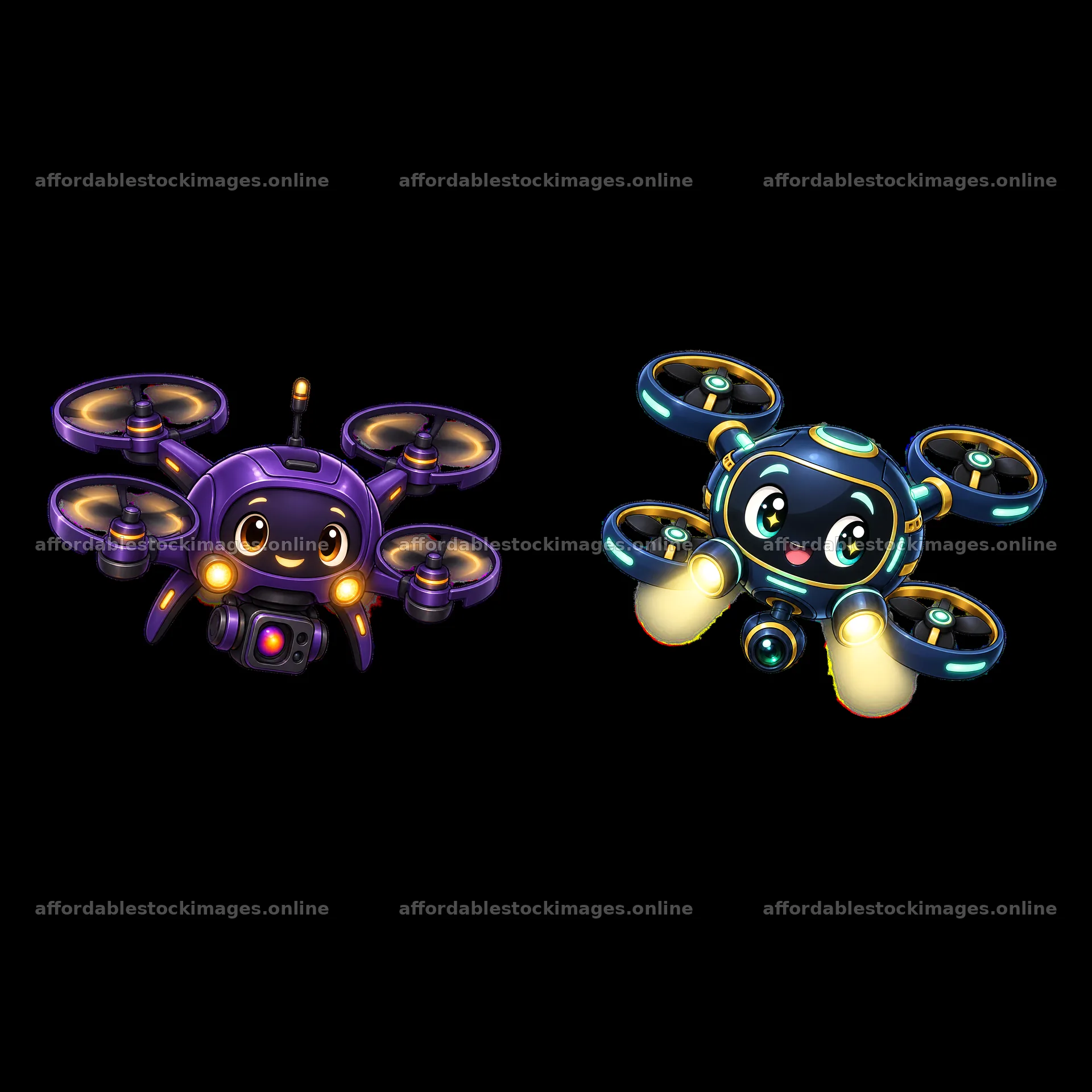 Cute cartoon drones with happy faces and bright colors – stock images 7746x7746