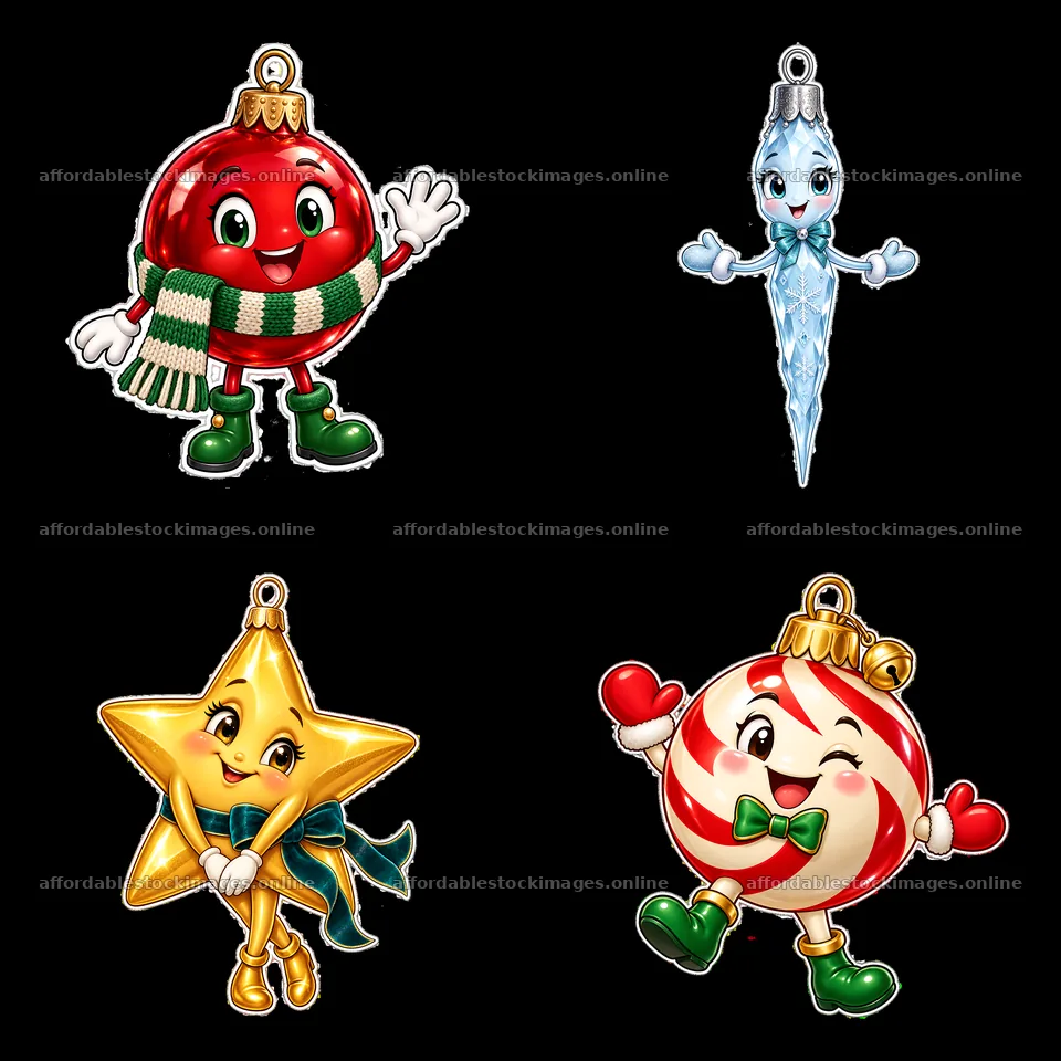 Happy cartoon Christmas ornaments in a playful arrangement – stock images 7746x7746