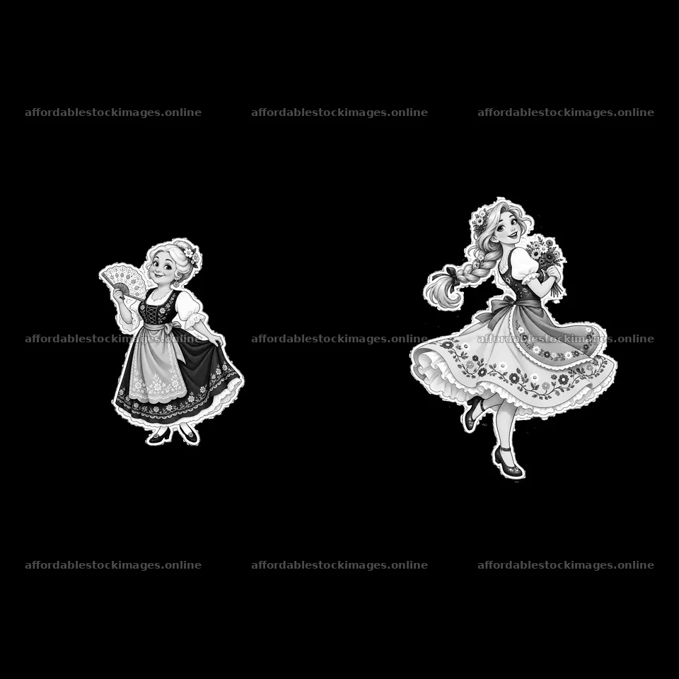 Two women in traditional folk dress holding fan and flowers – stock images 7746x7746