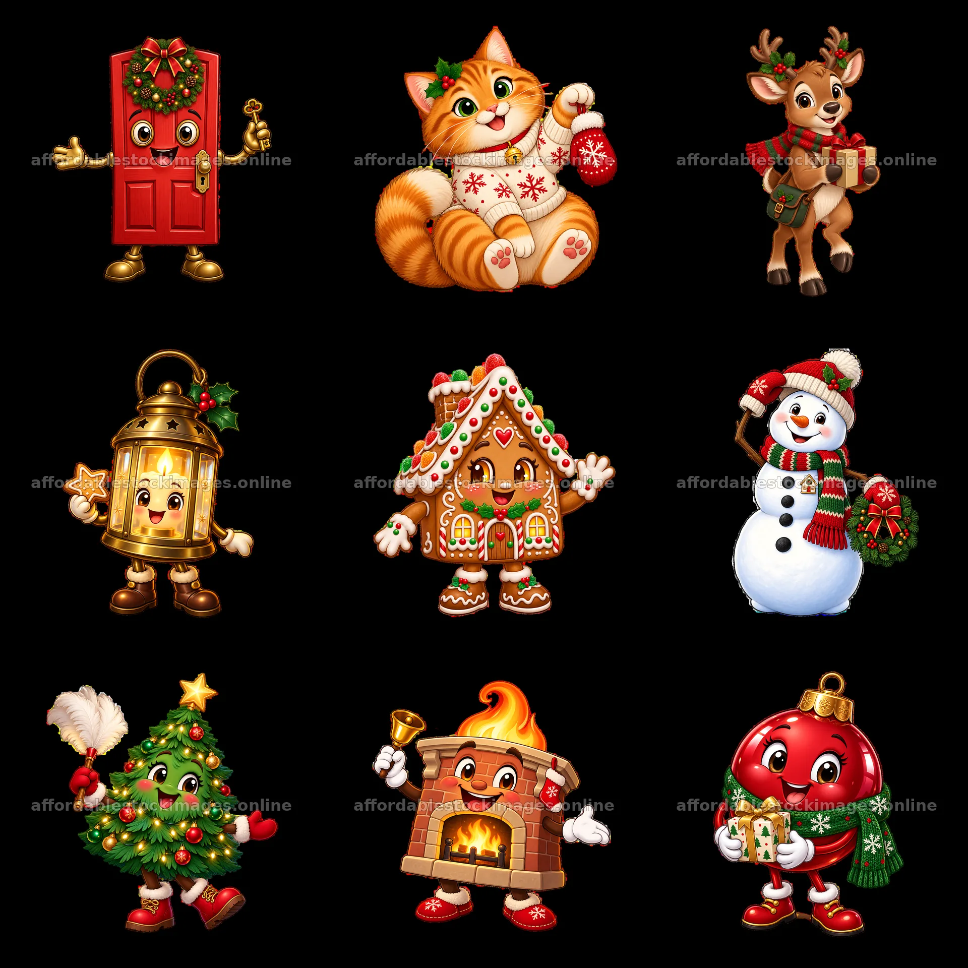 Various Christmas-themed cartoon characters in a festive layout – stock images 7746x7746