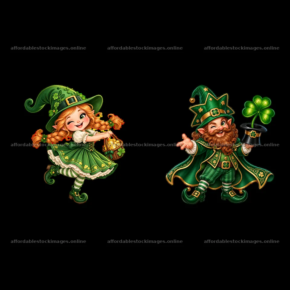 St. Patrick's Day gnome and girl in green with a pot of gold – stock images 7746x7746