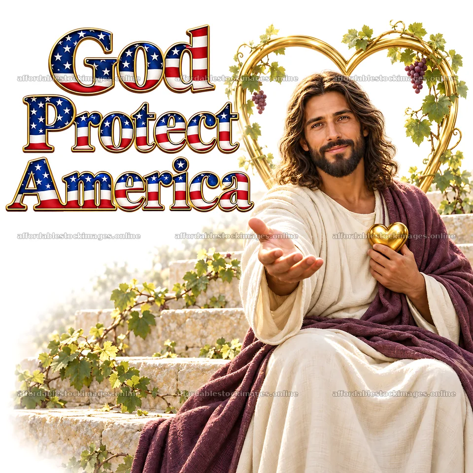 Jesus Christ welcomes with a heart in a symbolic setting – stock images 7746x7746
