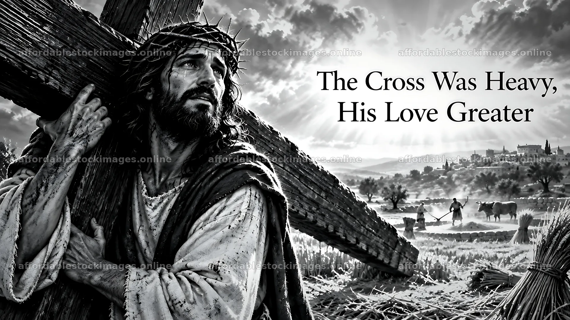 Struggle of carrying a heavy cross during a biblical scene – stock images 10580x5954