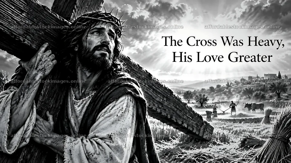 Struggle of carrying a heavy cross during a biblical scene – stock images 10580x5954