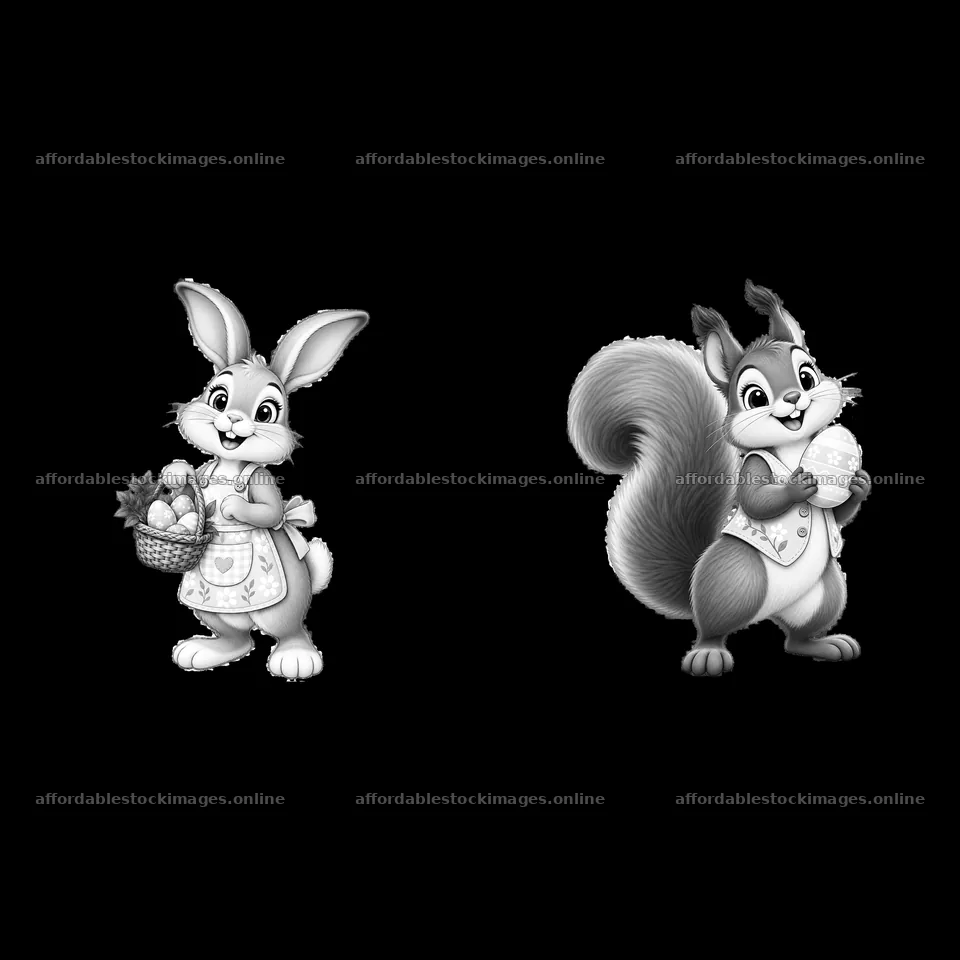 Rabbit with basket and squirrel holding egg in Easter meadow – stock images 7746x7746