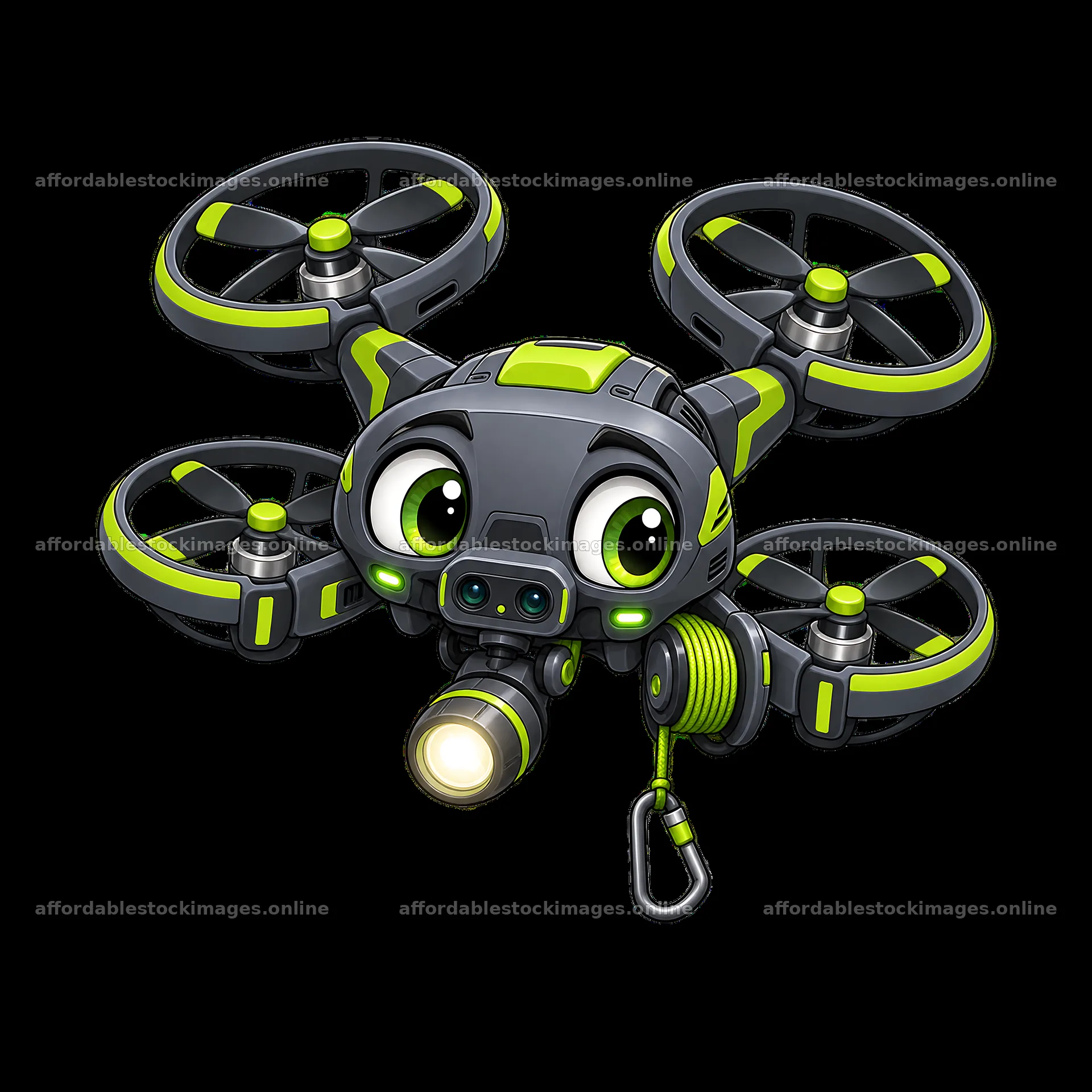 Cartoon drone character with large eyes and bright green accents – stock images 7746x7746