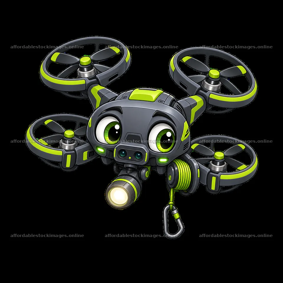 Cartoon drone character with large eyes and bright green accents – stock images 7746x7746