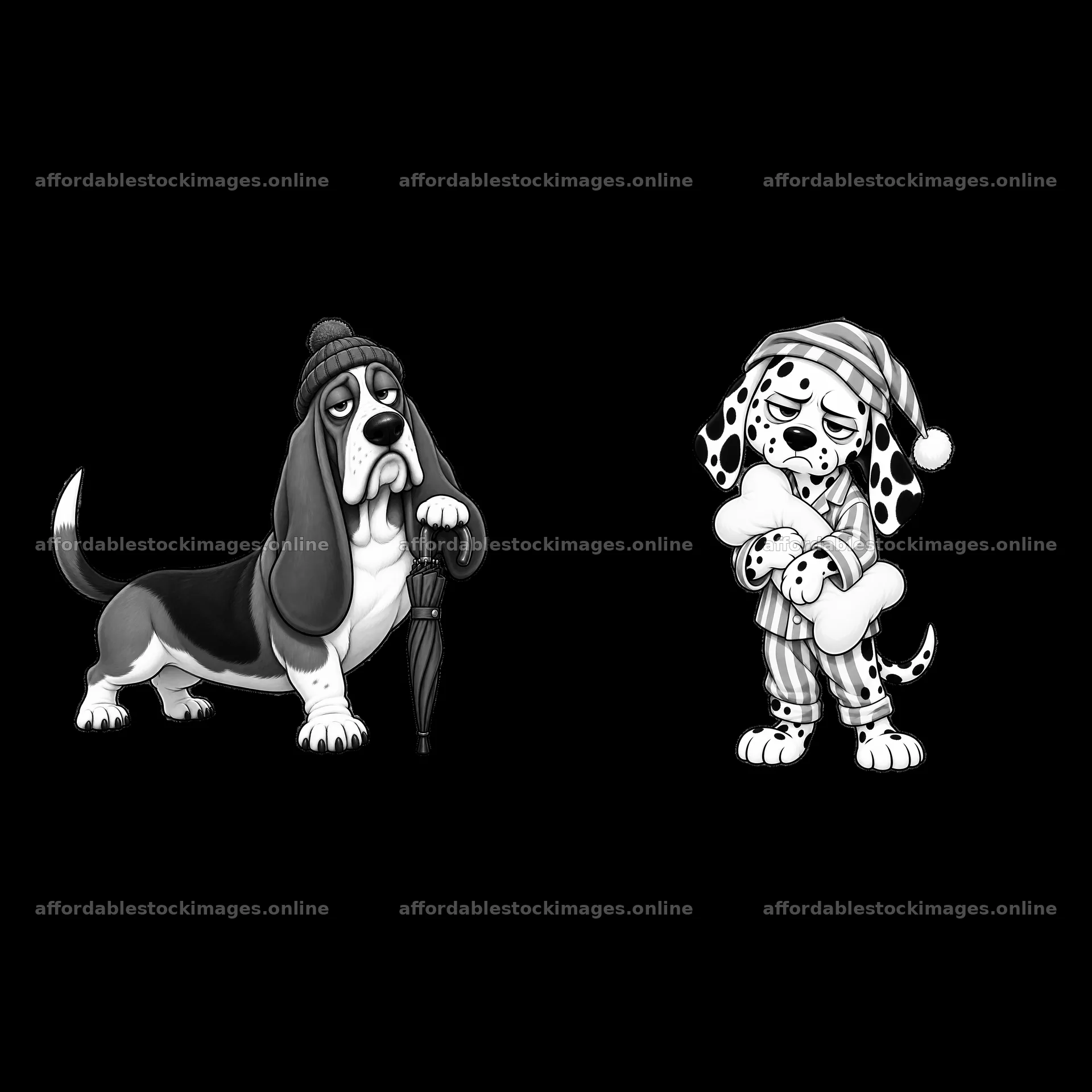Grumpy dog characters with umbrella and bone in monochrome – stock images 7746x7746