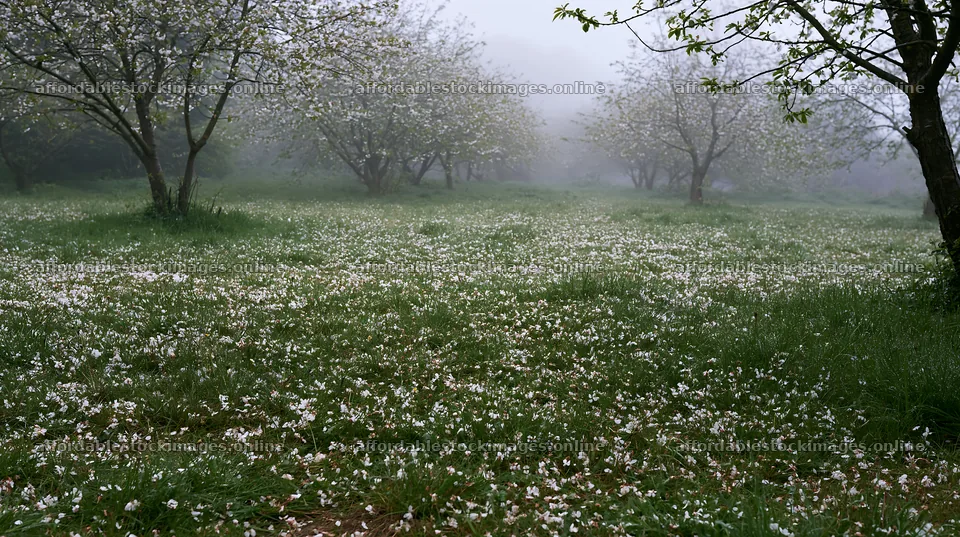 Foggy orchard meadow with blooming flowers and trees – stock images 10608x5938