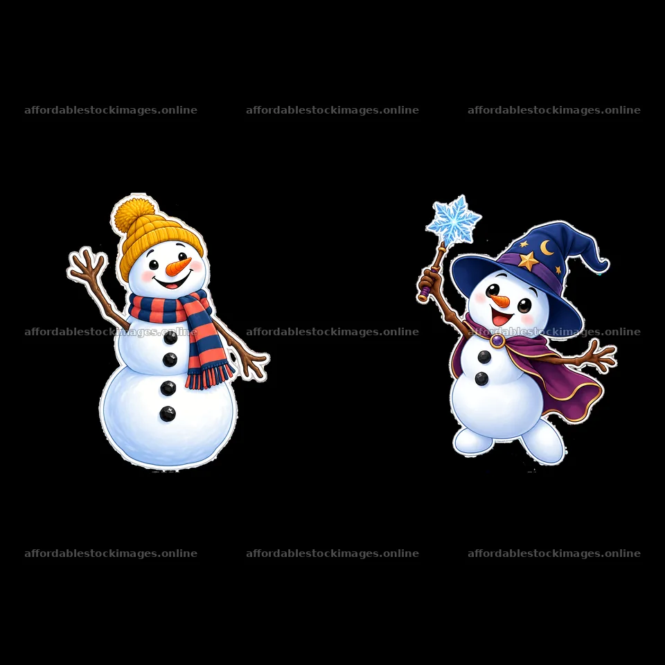 Two cheerful snowmen with accessories and distinct poses – stock images 7746x7746