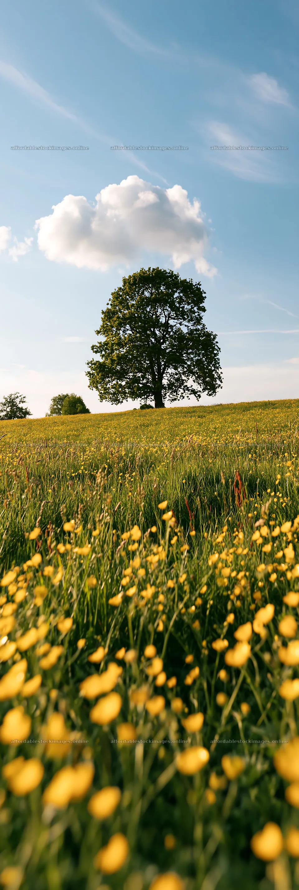 Buttercup meadow with a tree in clear blue sky – stock images 4602x13690