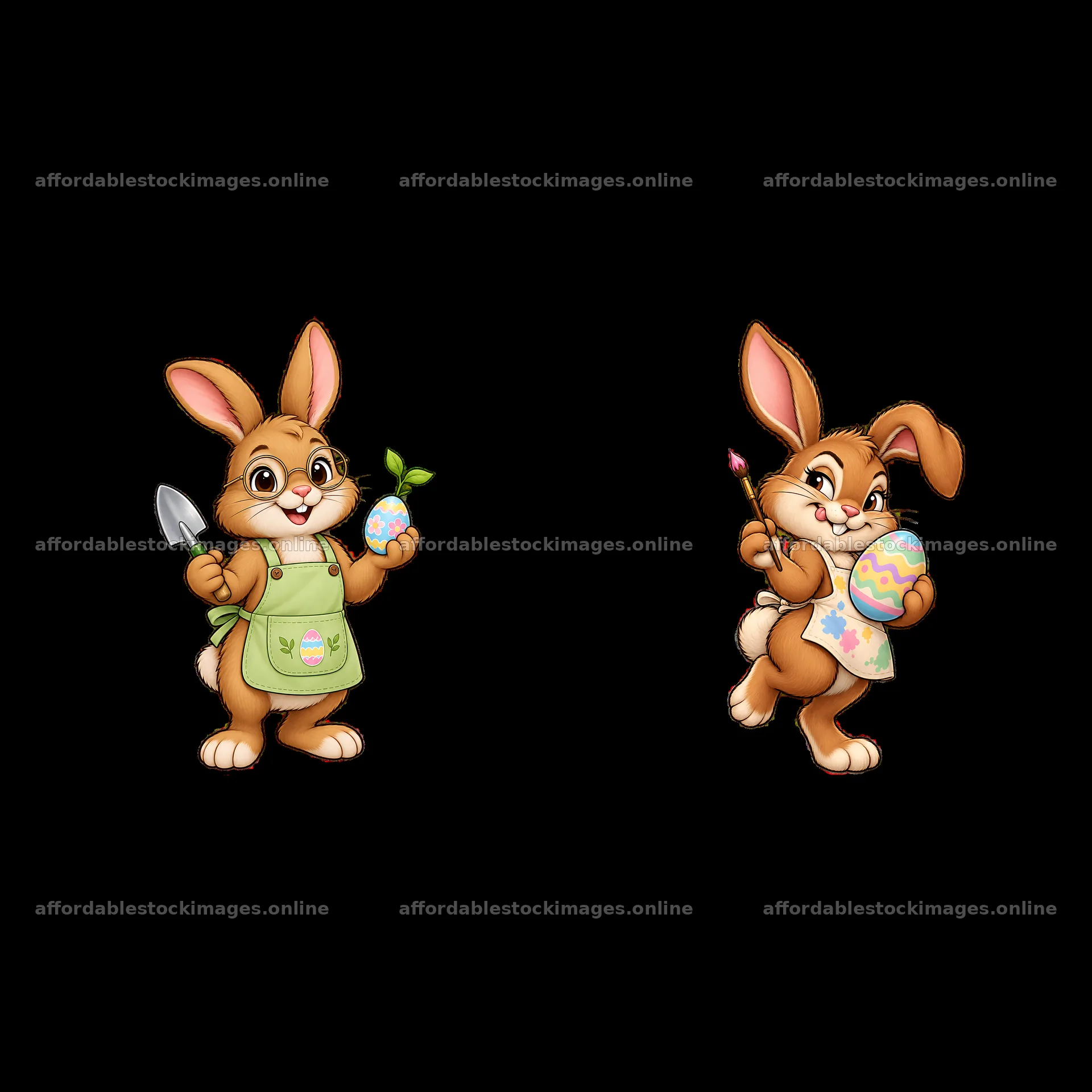 Easter bunnies holding eggs and tools for spring activities – stock images 7746x7746