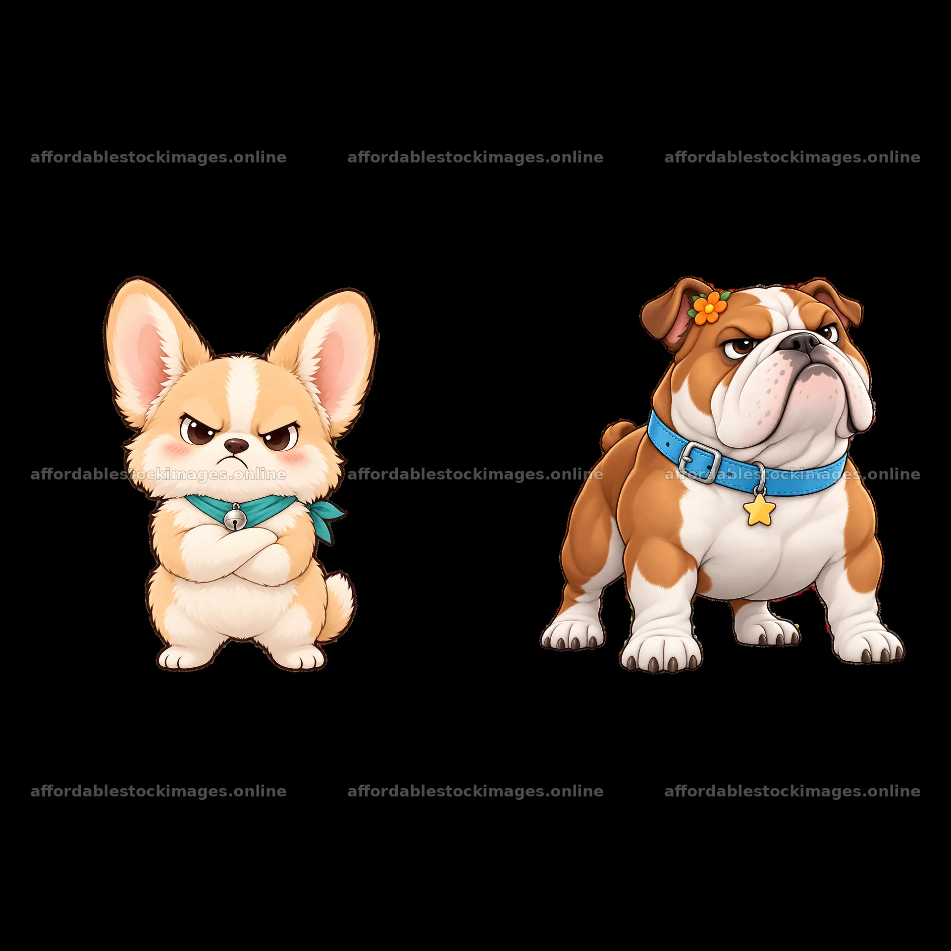 Kawaii grumpy dog stickers featuring a corgi and bulldog pair – stock images 7746x7746