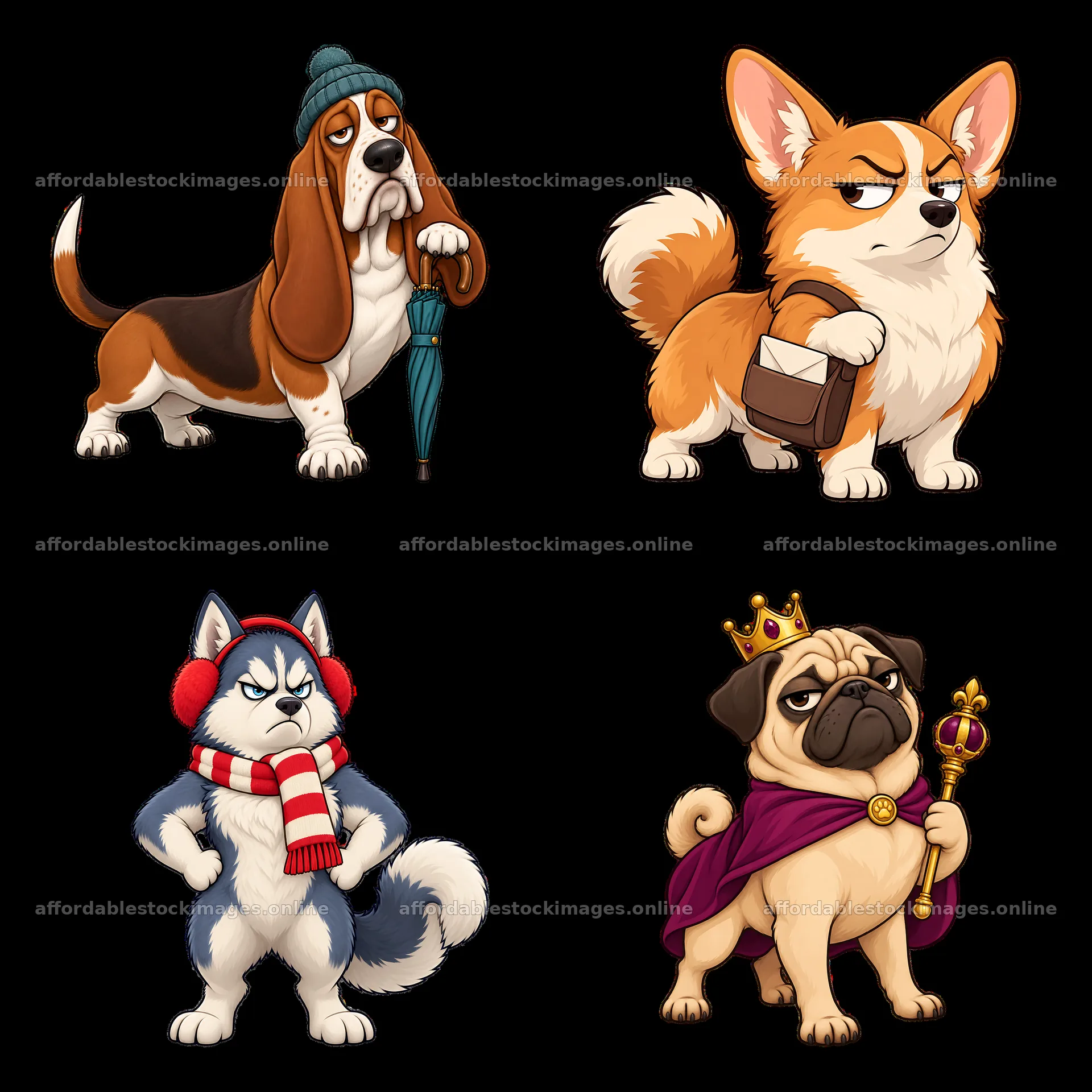 Grumpy dog characters in a 2x2 cartoon sticker layout – stock images 7746x7746