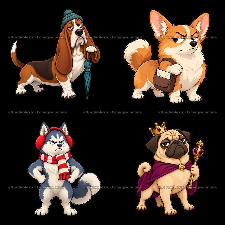 Grumpy dog characters in a 2x2 cartoon sticker layout – stock images 7746x7746