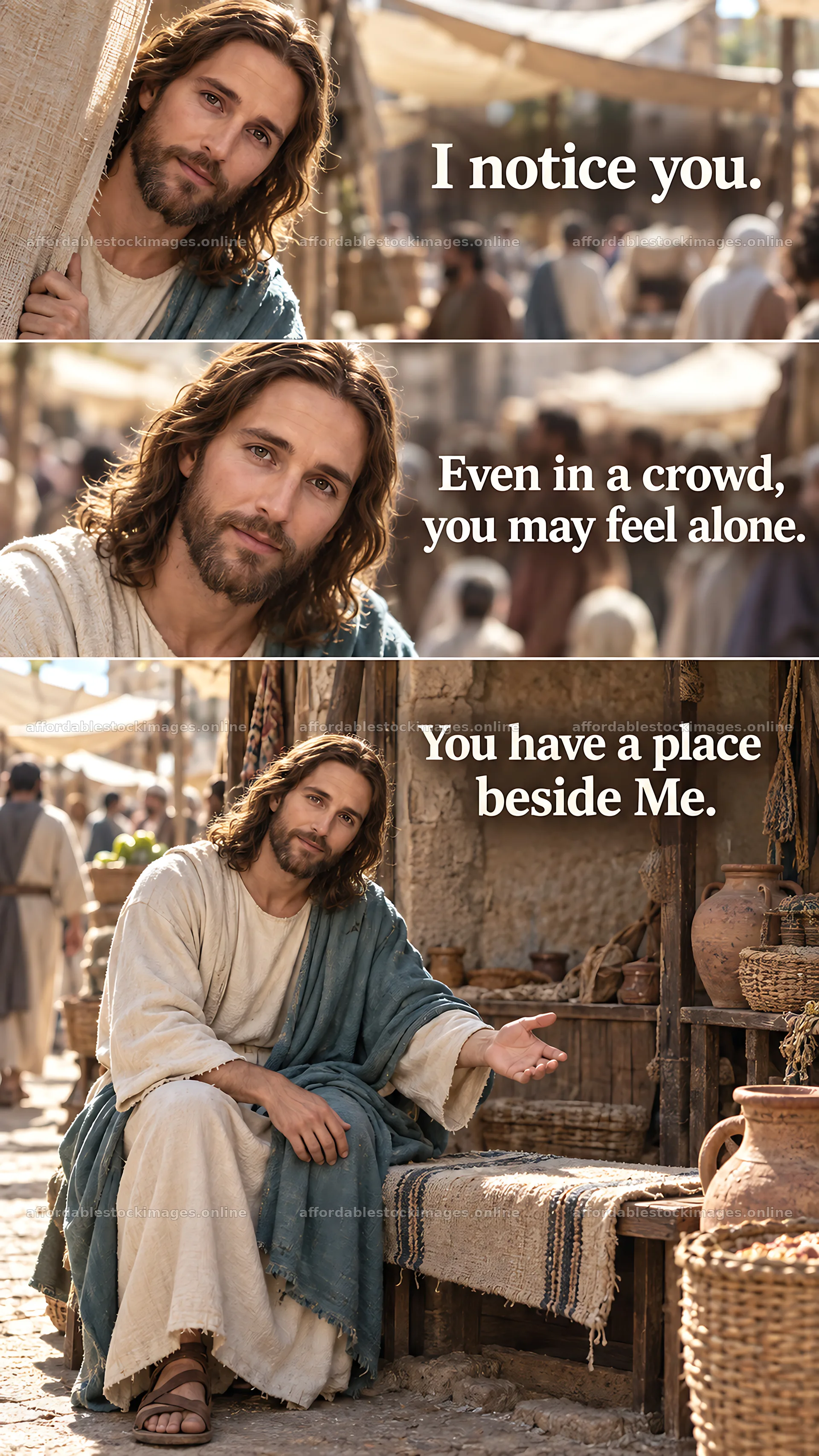 Jesus Christ offering comfort in a busy marketplace – stock images 5811x10326