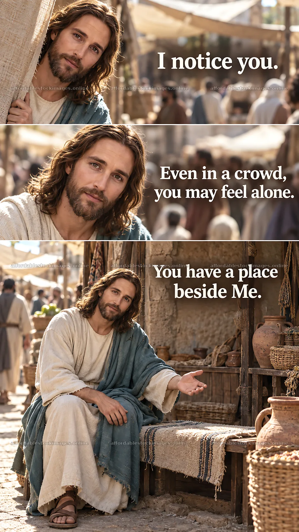 Jesus Christ offering comfort in a busy marketplace – stock images 5811x10326