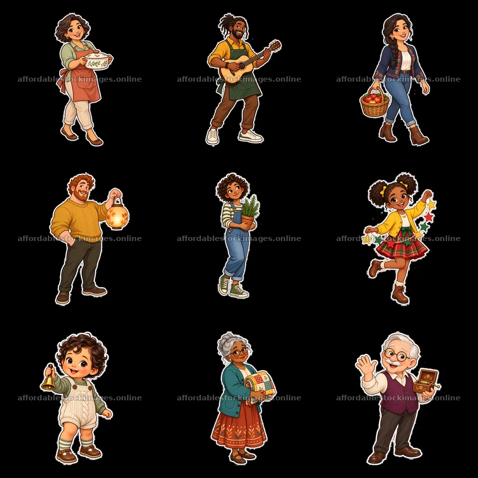 Cartoon family characters engaging in various activities in a – stock images 7746x7746