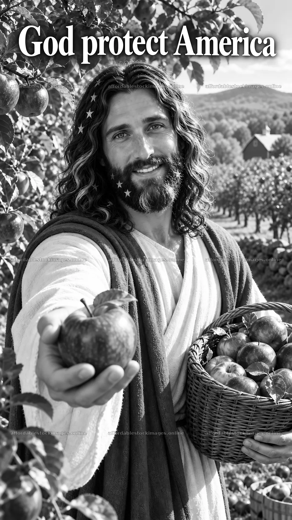 Jesus Christ offering apples in an orchard – stock images 5811x10326