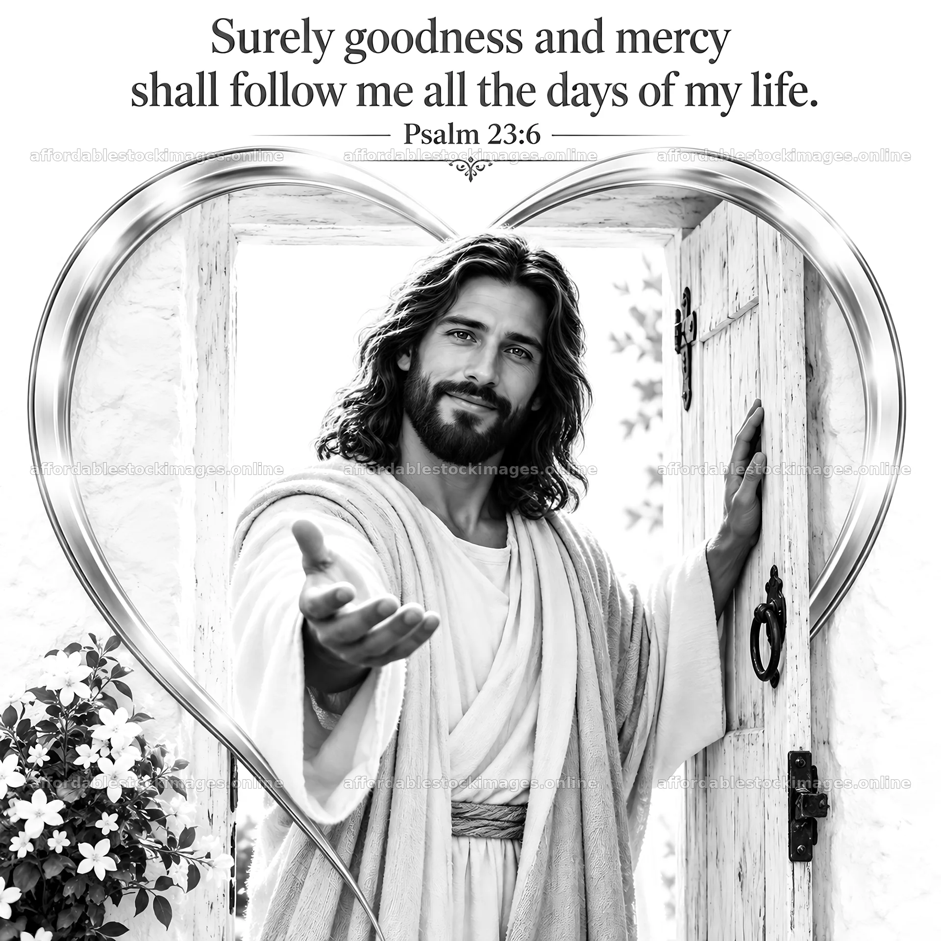 Jesus Christ welcoming with open arms at a doorway – stock images 7746x7746