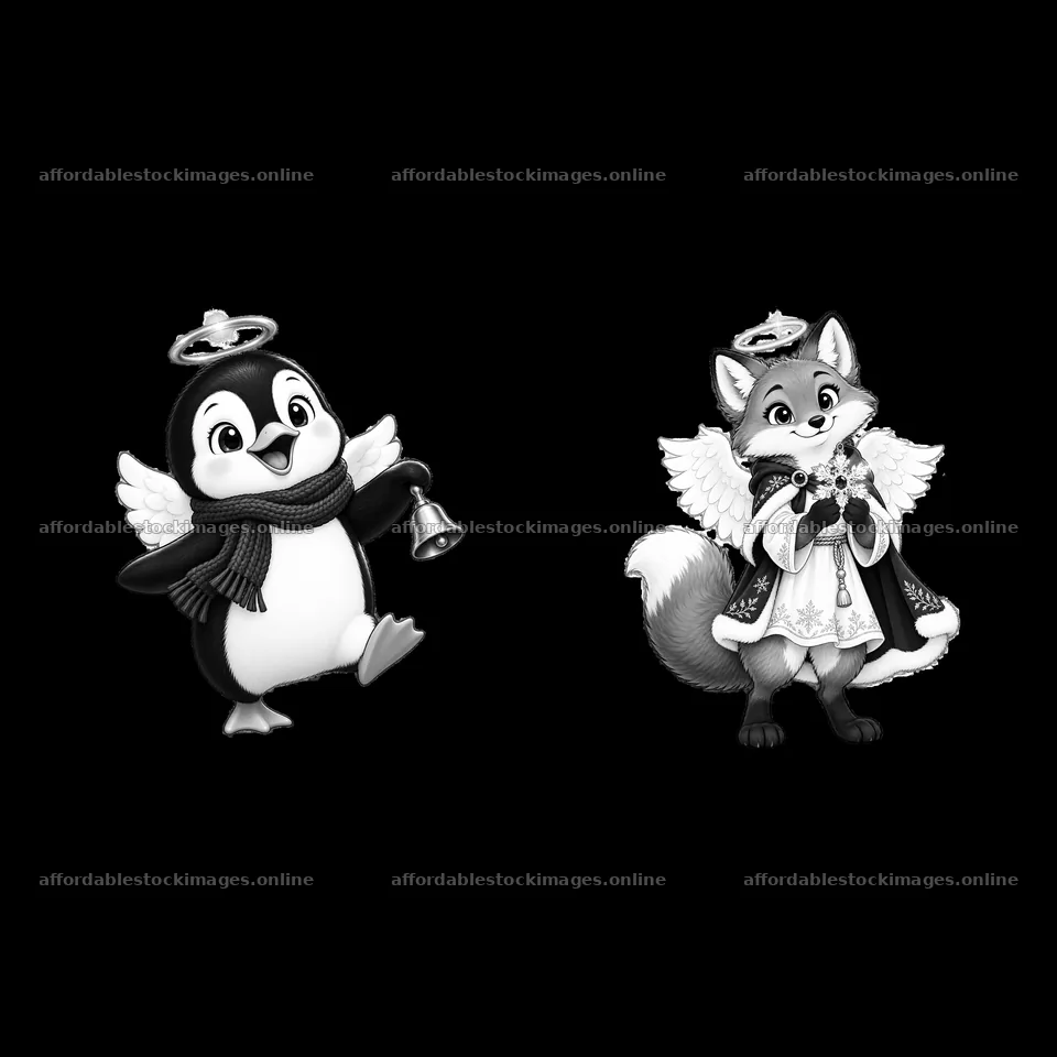 Christmas angel penguin and fox cartoon sticker illustration – stock images 7746x7746