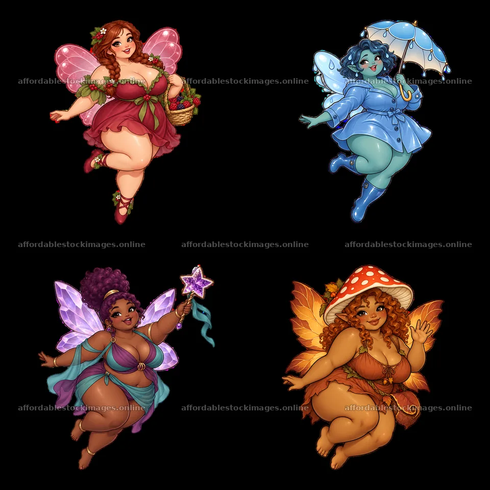 Kawaii ultra-fat fairies in playful poses with unique – stock images 7746x7746