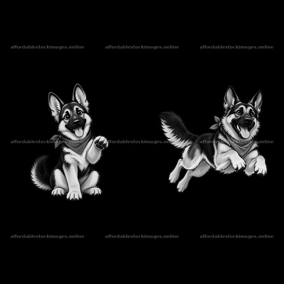 Two playful German Shepherd dogs in black and white illustration – stock images 7746x7746
