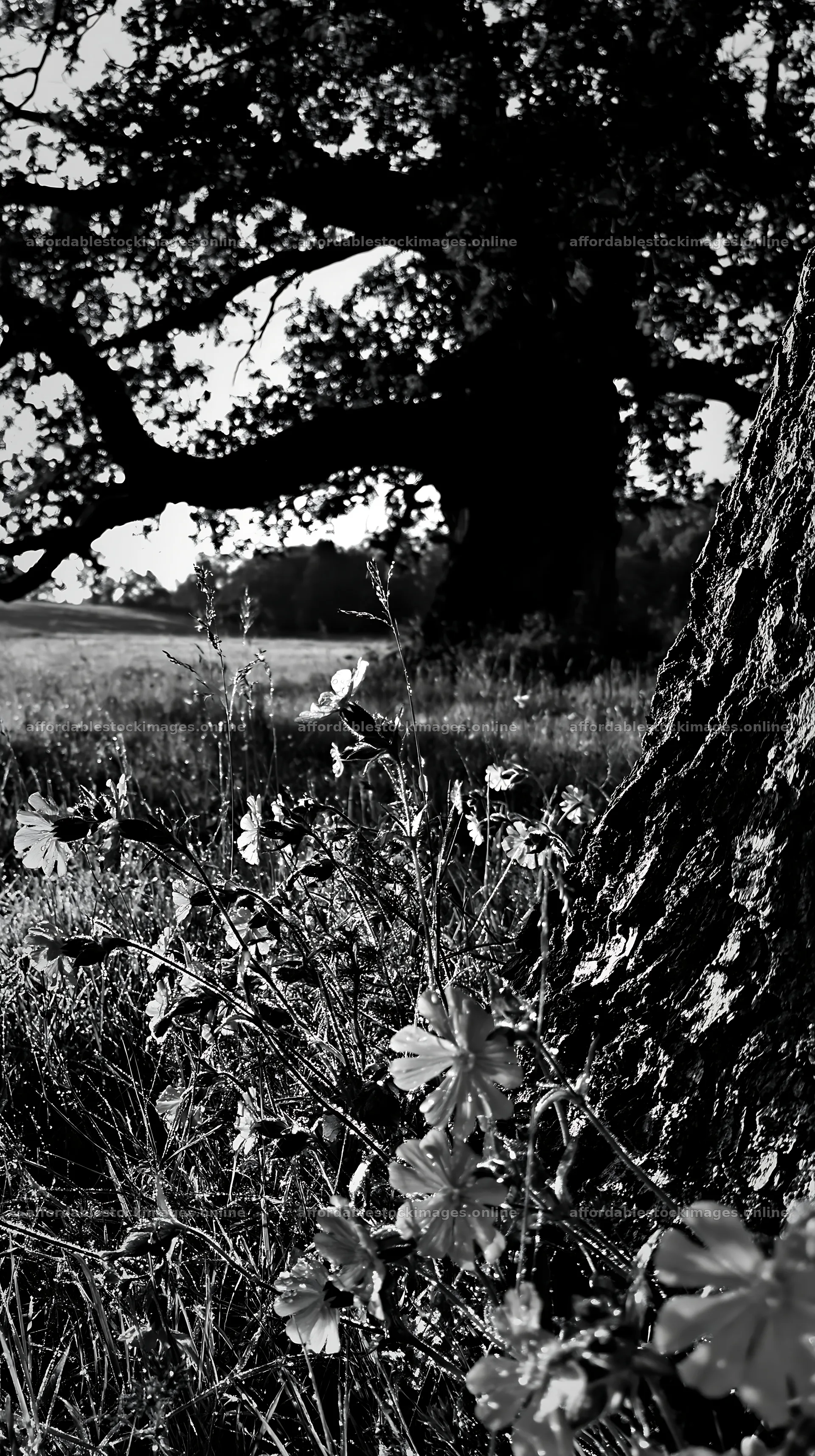 Silver dew on flowers in a meadow with a large tree – stock images 5938x10608